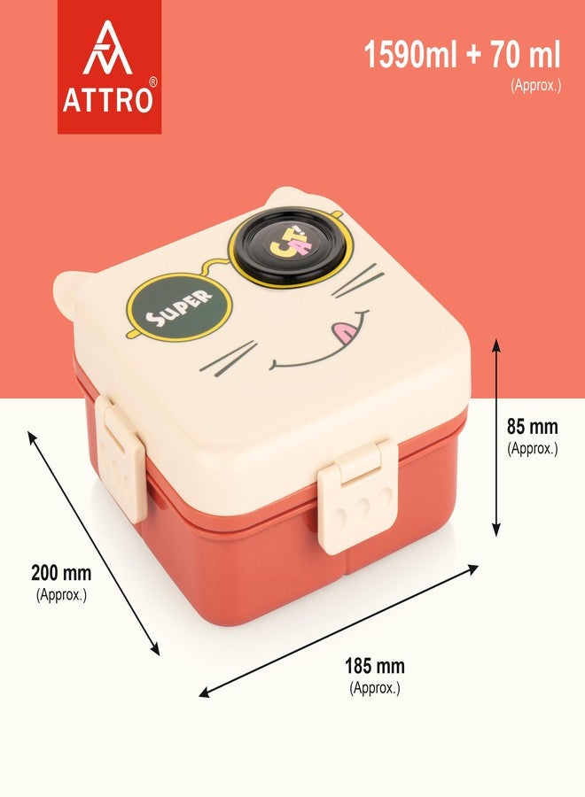 ATTRO Festive Super Cat Lunch Box 2 Layer Plastic Lunch Box Comes with 1 Detachable Tray, 1 Small Container & 1 Spoon Ideal for Kids BPA Free 1590ml+70ml- Cream Red - Image 2